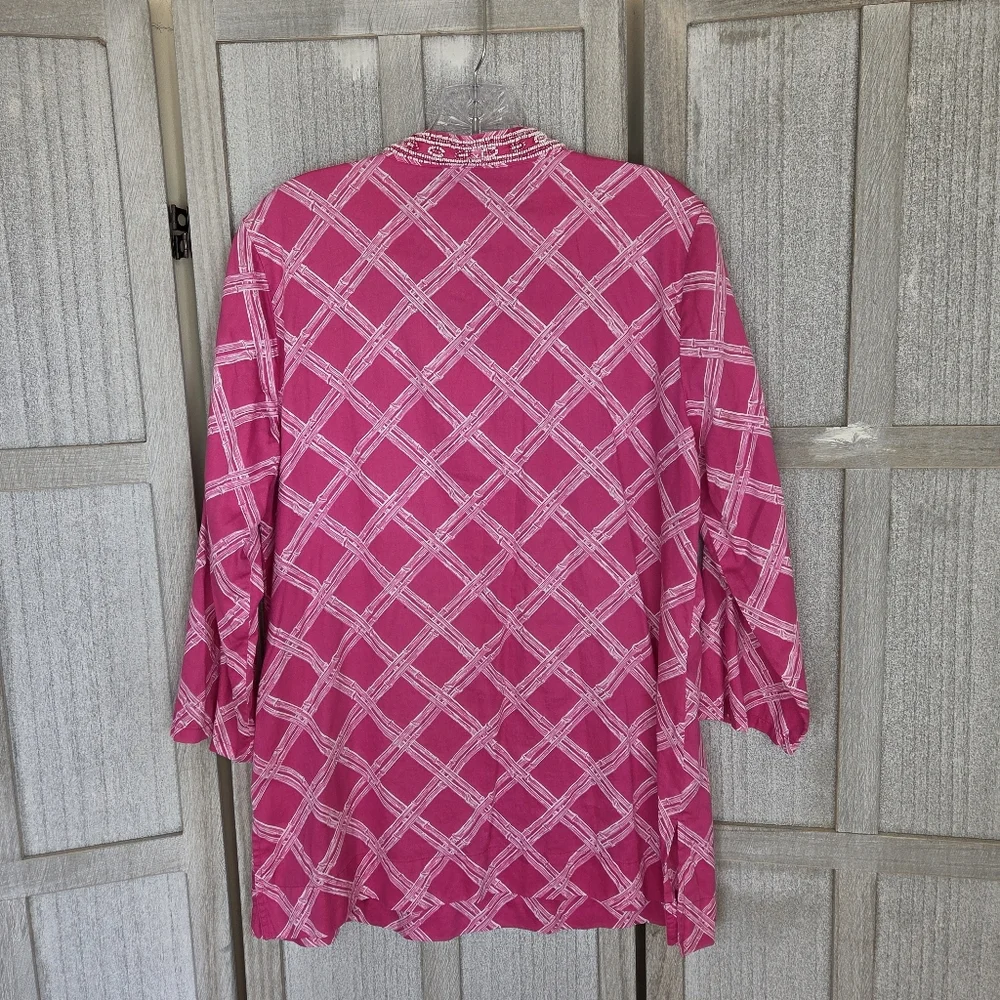 Brooks Brothers Womens Beaded 3/4 Sleeve Tunic Size L Pink/White Lattice Print